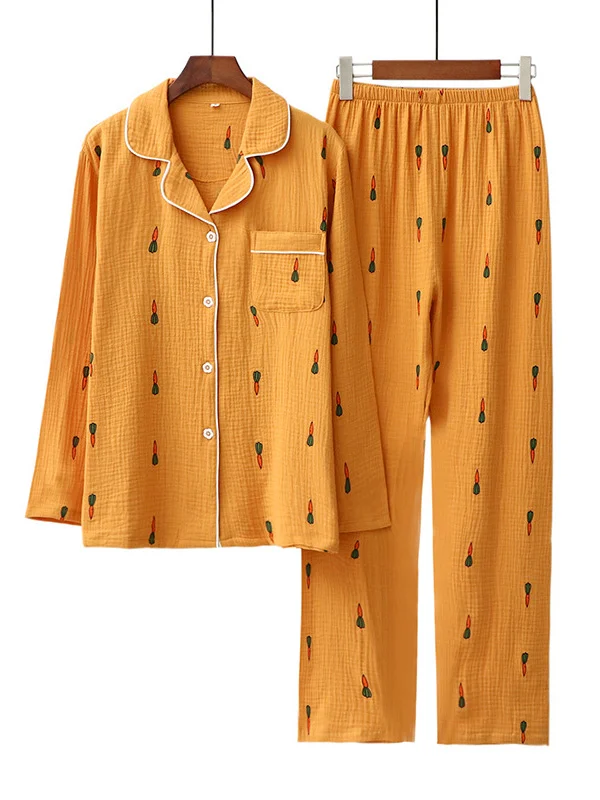 Carrot Print Long Sleeve Lapel Pajama Sets