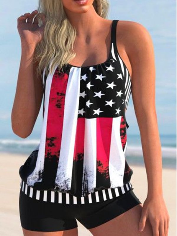 American Flag Print Black Swimdress Top and Shorts