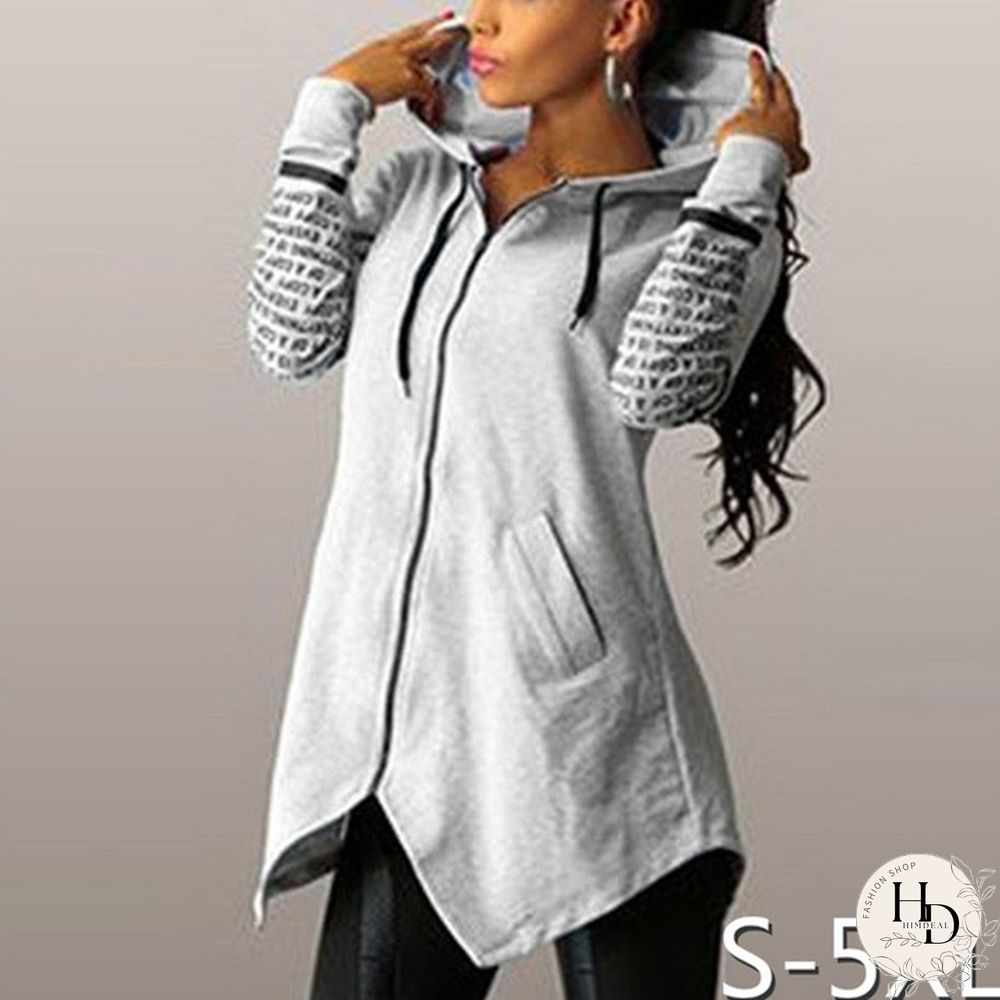 Women Fashion Letter Print Long Sleeve Hooded Coats Ladies V-neck Zipper Irregular Hem