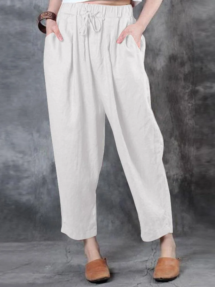 Ladies cotton and linen bandage elastic pants