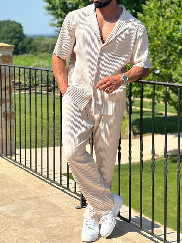 Men's Casual Plain Pleated Short Sleeve Shirt Pants Matching Set