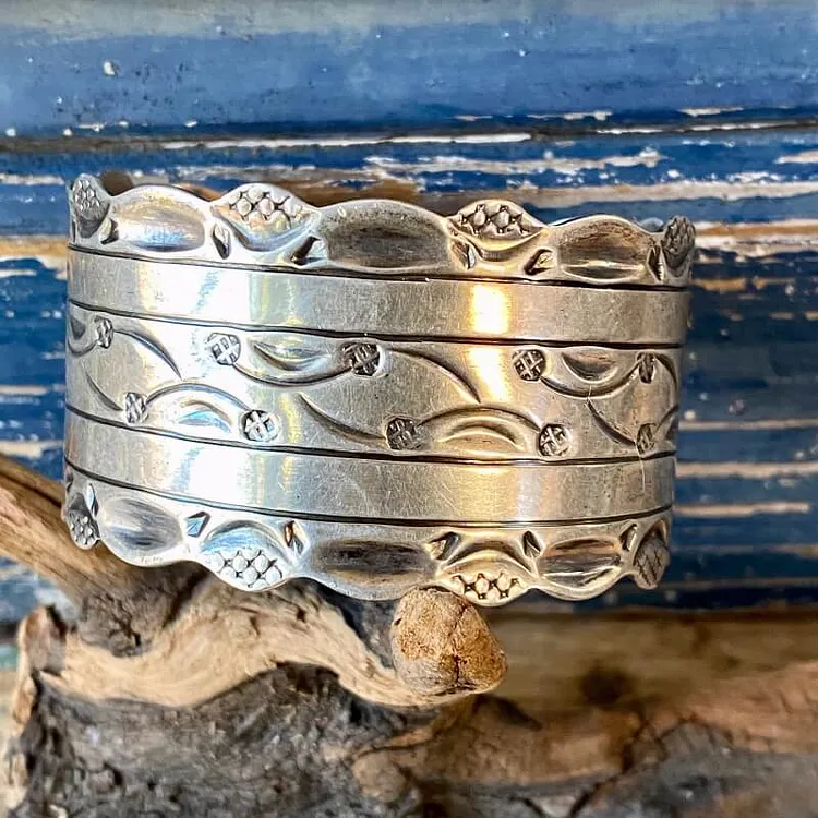 Wide Sterling Silver Cuff Bracelet with Stamp Decoration