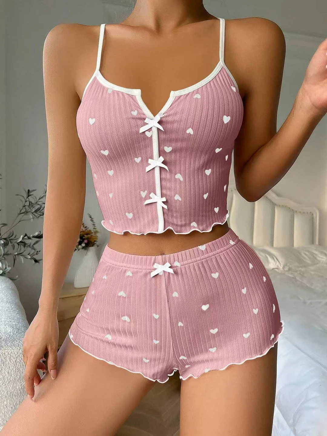 Uveng 2025 New Heart-Shaped Print Bump Color Home Clothes Front Laming Fork With Pajamas Set