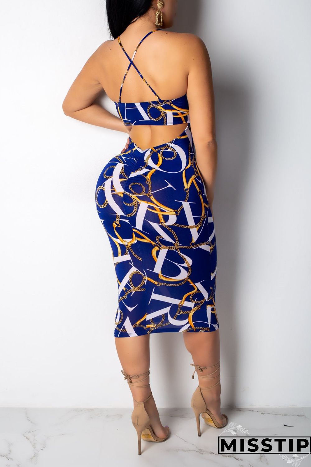 Dark Blue Chain Print Back Hollow Out Slip Dress