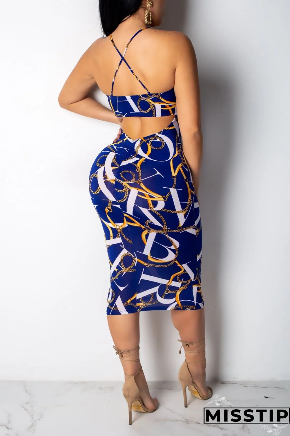 Dark Blue Chain Print Back Hollow Out Slip Dress