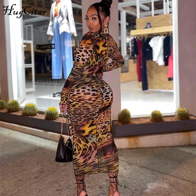 Hucgitar 2020 Leopard Print Long Sleeve Bodycon Sexy Maxi Dress Autumn Winter Women Party Elegant Outfits