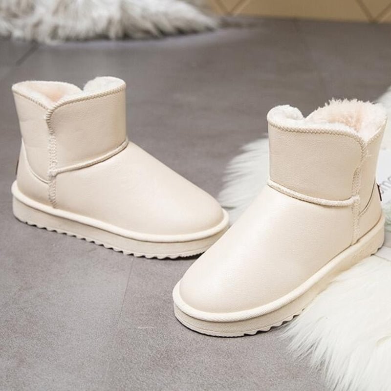 2021 New Winter Plus Velvet PU Waterproof Mid-Tube Snow Boots Thickened Warm Women's Boots 35-40 Flat-Heeled Cotton Shoes