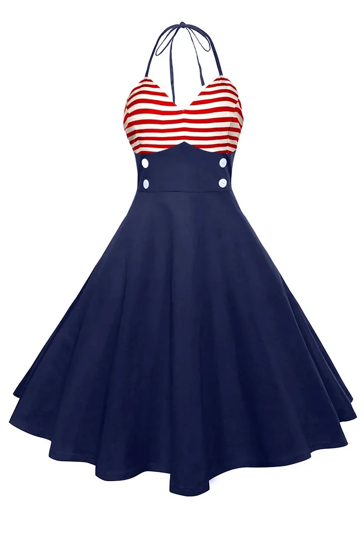 1950s Red Party Halter Striped Print Patchwork Midi Dresses