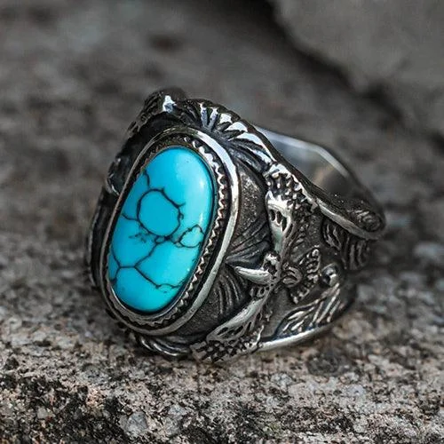Turquoise Gemstone Engraved Eagle Stainless Steel Ring