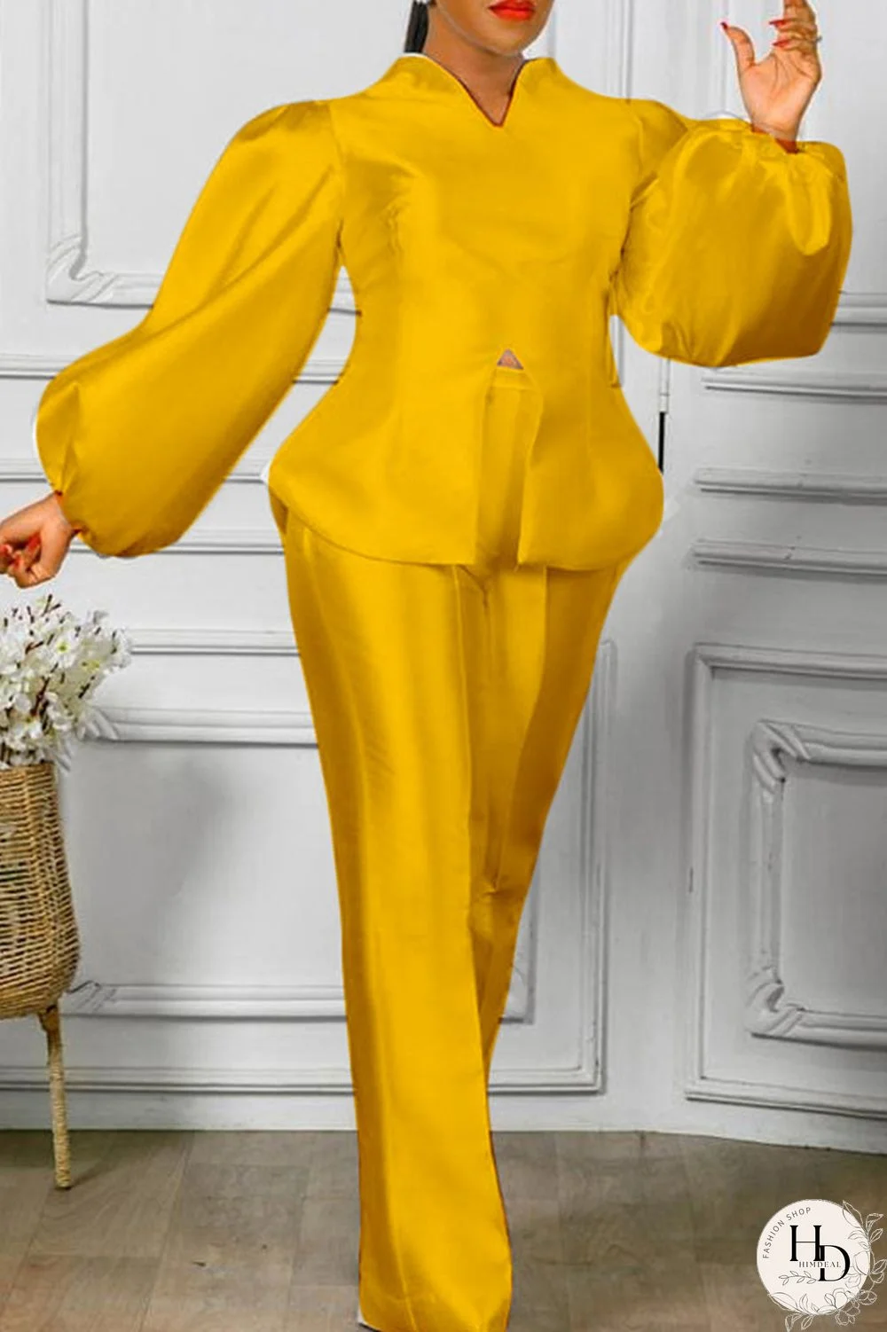Yellow Fashion Casual Solid Slit V Neck Long Sleeve Two Pieces