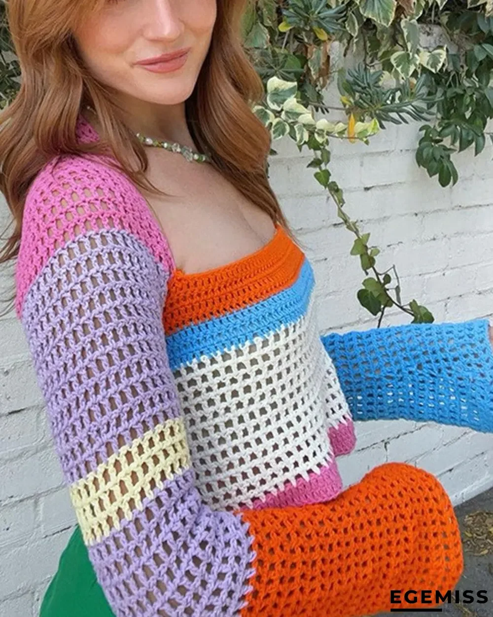 Colorblock Square Neck Open Knit Crop Sweater | EGEMISS