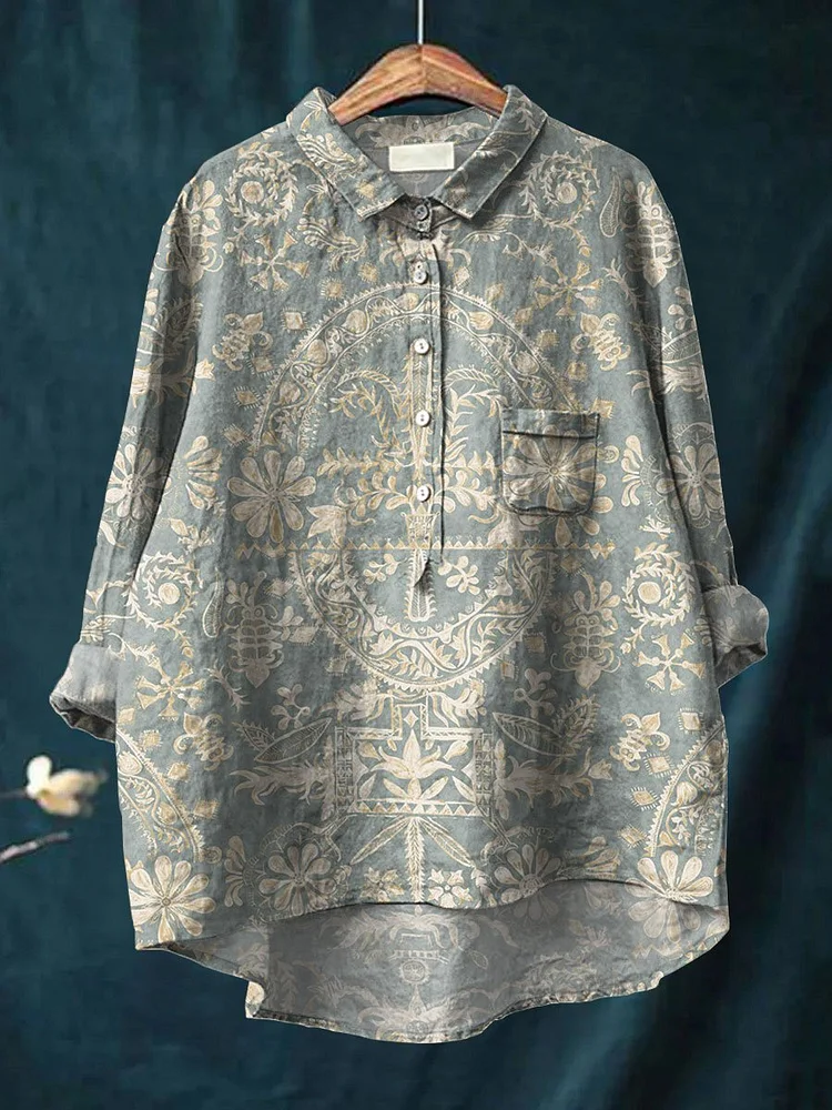 Women's Vintage Art Print Casual Cotton And Linen Shirt