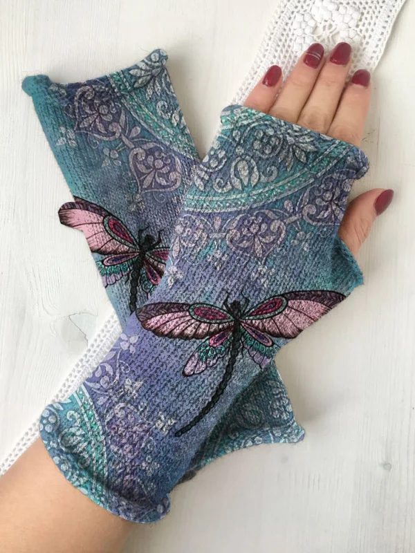 Retro floral dragonfly knit fingerless gloves