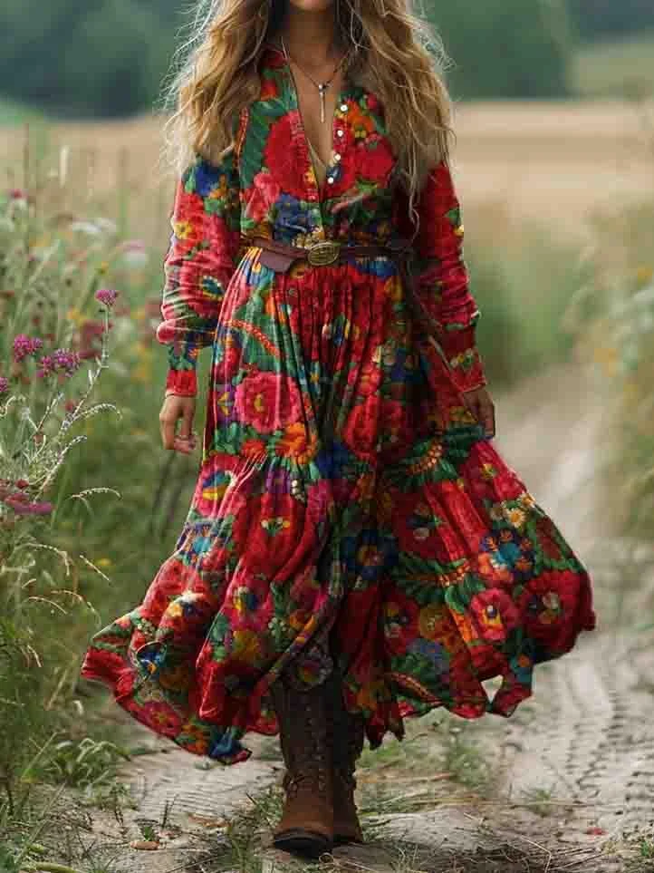 Women's Ethnic Floral Art Print Pocket Cotton Dress