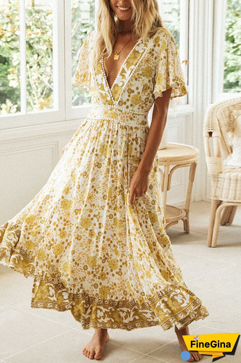 Floral V Neck Maxi Dress