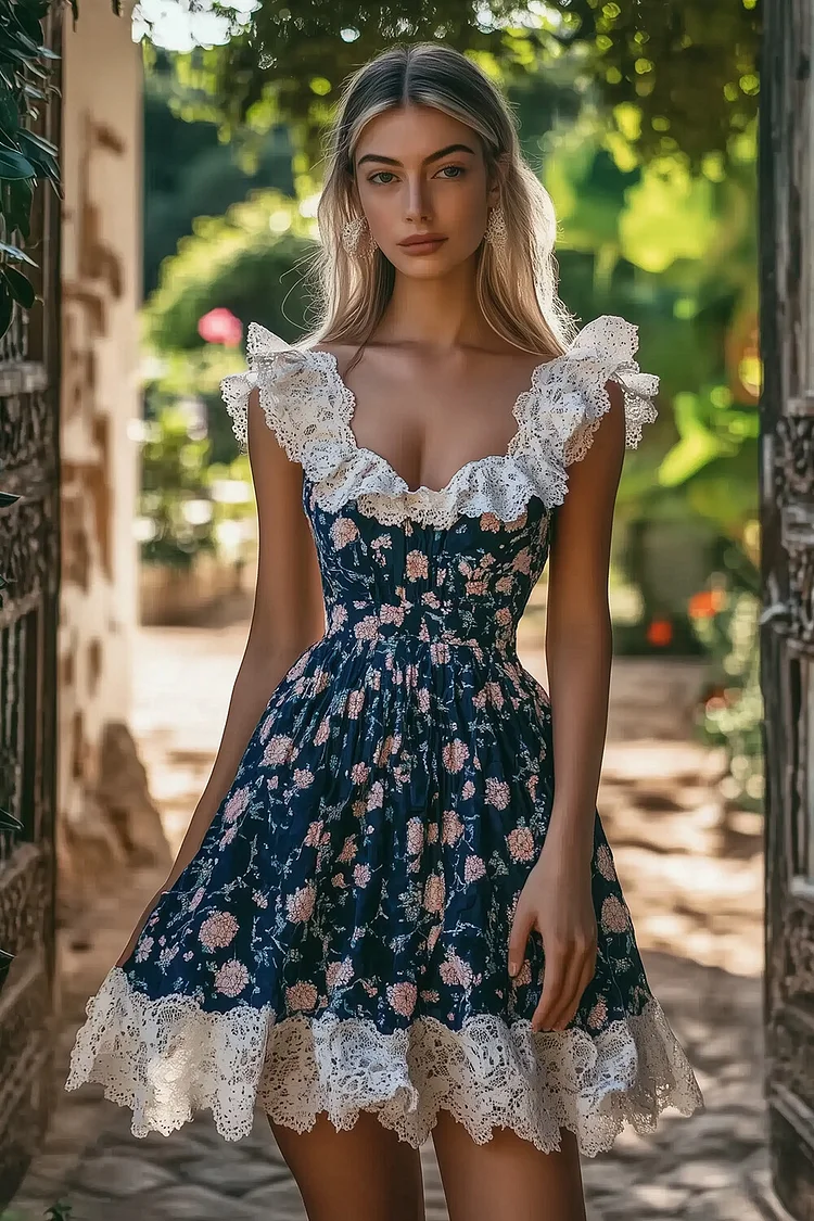 Lace Patchwork Floral Print A-Line Sleeveless Mini Dresses-Navy [Pre Order]