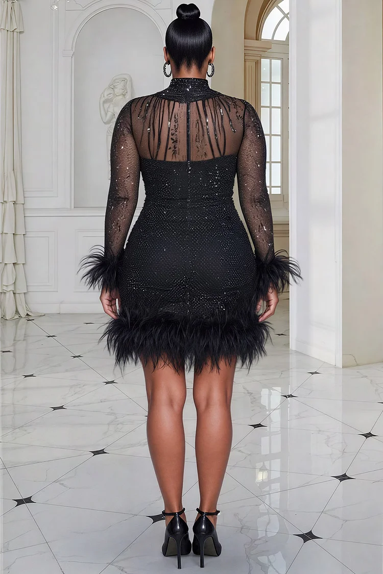Xpluswear Design Plus Size Cocktail Party Sequin Black Mock Neck Long Sleeve Bodycon Feather Mesh Mini Dresses [Pre-Order]