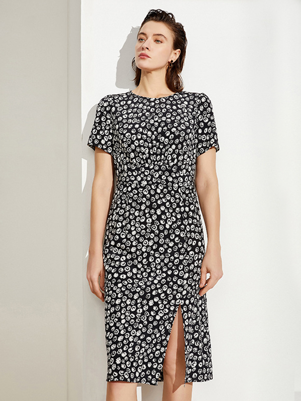 Slim Printed Side Slit Silk Dress