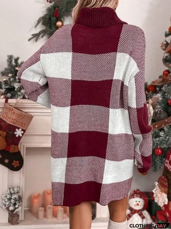Long Sleeves Loose Contrast Color Plaid High Neck Mini Dresses Sweater Dresses