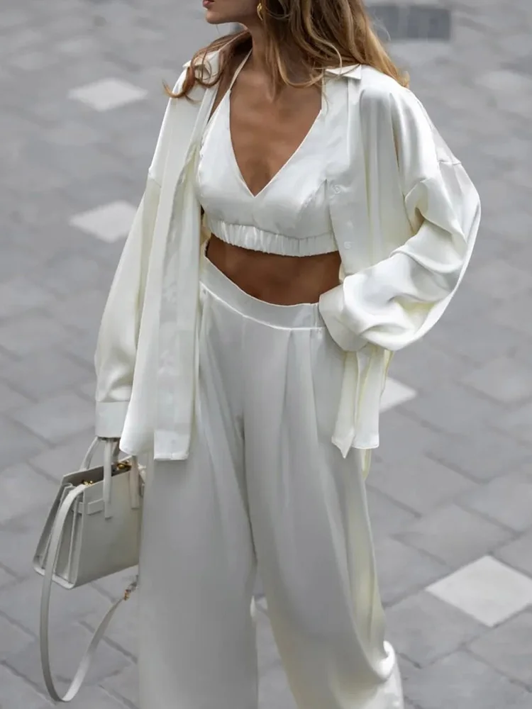 White Satin Three - Piece Set&Long - Sleeved Shirt&Crop Top & Wide - Leg Pants