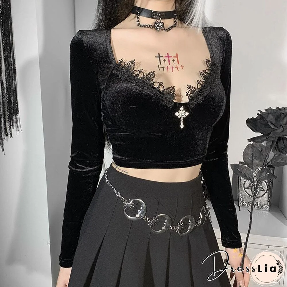 Sexy V Neck Velvet T Shirts Women Lace Patchwork Long Sleeve Black Top Female Dark Goth Short Slim Fit Tee Tops Mujer Harajuku