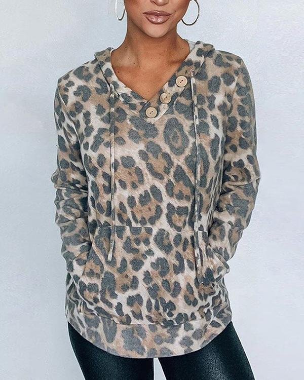 Casual V Neck Button Drawstring Camo/Leopard/Snake Hoodie Sweatshirt - Chicaggo