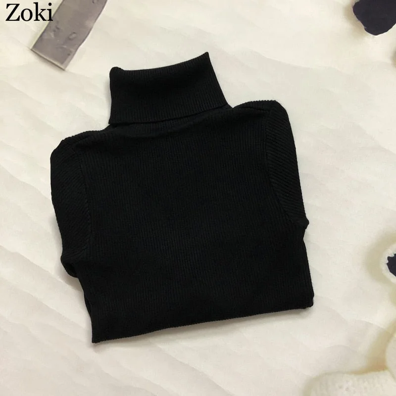 Zoki Soft Women Turtleneck Sweater Autumn Long Sleeve Elastic Female Knitted Jumper Casual Pullover Slim Winter Basic Tops 2021