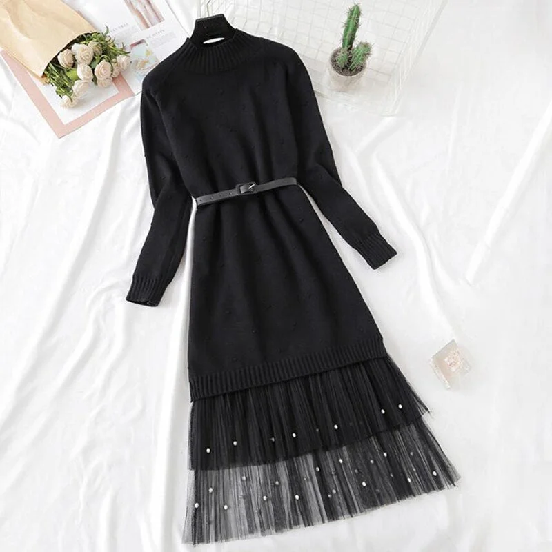 Elegant O-neck women knitted dress suits Autumn winter Long sleeve With belt Sweater tops + sweet Mesh skirt 2 pieces set women