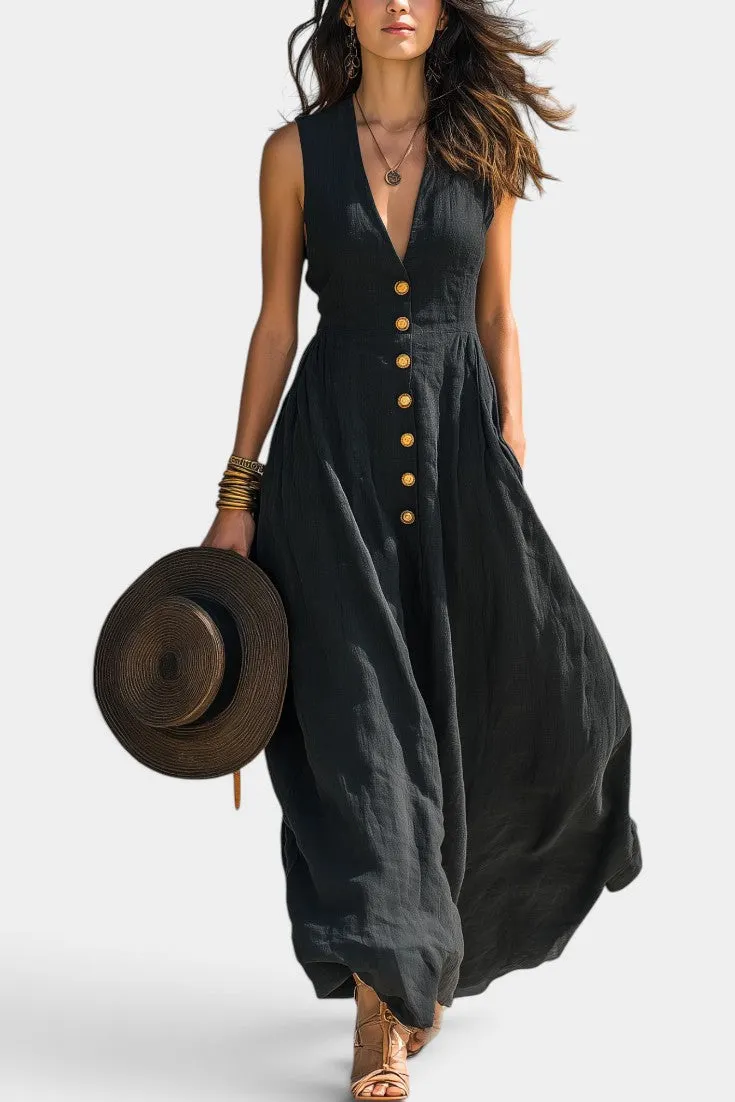 Deep V-Neck Button-Front Maxi Dress with Draping Silhouette