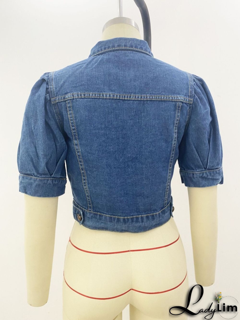 Fashion Button Up Short Sleeve Half Puff Sleeve Women Denim Jacket