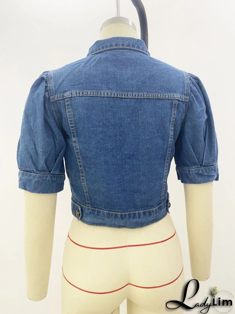 Fashion Button Up Short Sleeve Half Puff Sleeve Women Denim Jacket