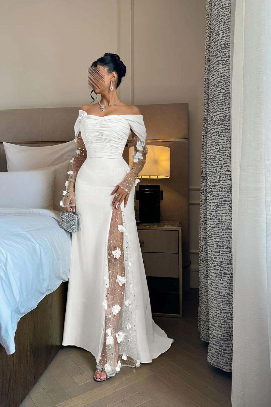 Daisda Chic Daffodil Satin Long Sleeves Off the Shoulder Pleated Prom Dress with Sequins
