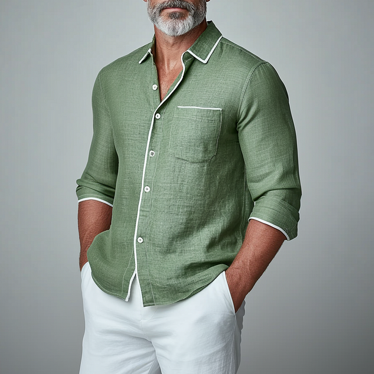 Men's Turndown Collar Button Chest Pocket Contrast Binding Long Sleeve Shirt