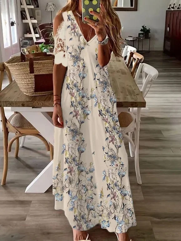 Long Bohemian Dress with Short Sleeve Lace Printing Black Dresses | EGEMISS
