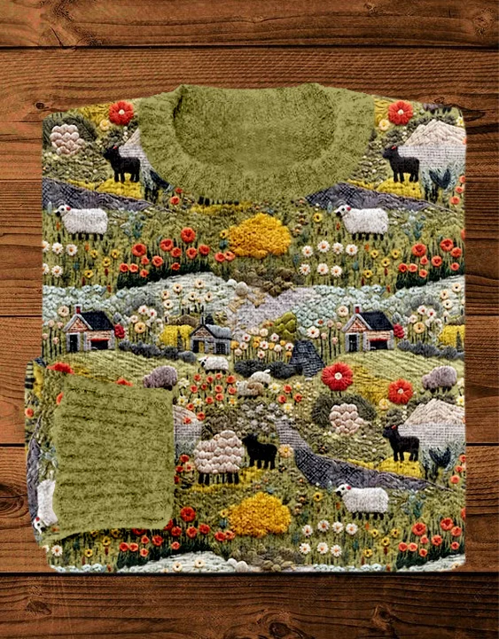 VChics Vintage Farmyard Embroidery Pattern Cozy Knit Sweater