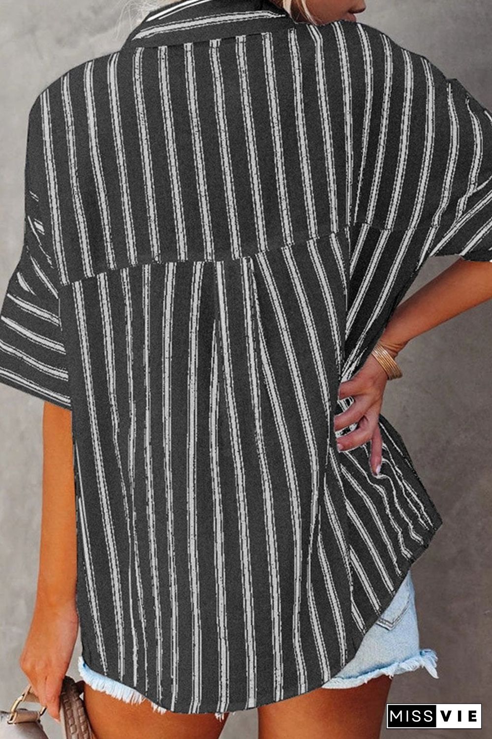 Fashion Striped Split Joint Turndown Collar Tops(4 Colors)