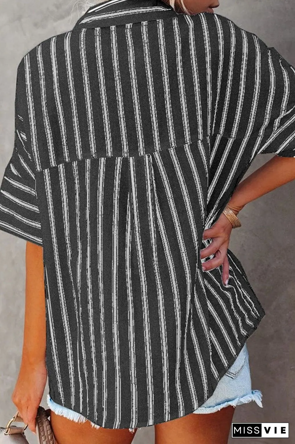 Fashion Striped Split Joint Turndown Collar Tops(4 Colors)