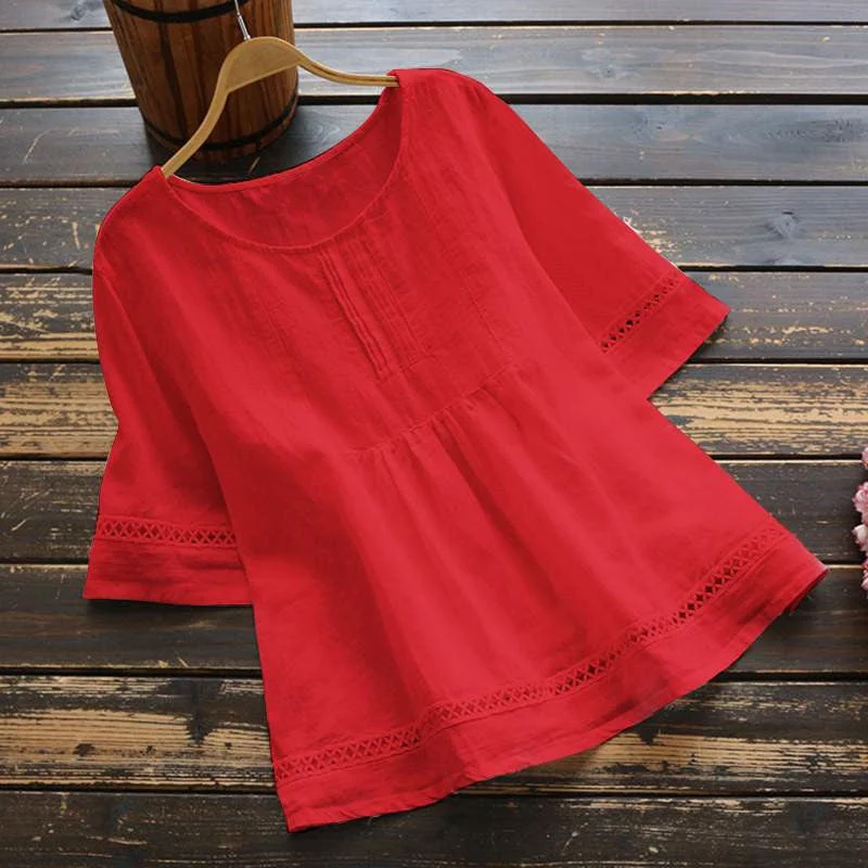 Uveng Summer Solid Color Cotton Linen Half Blouses