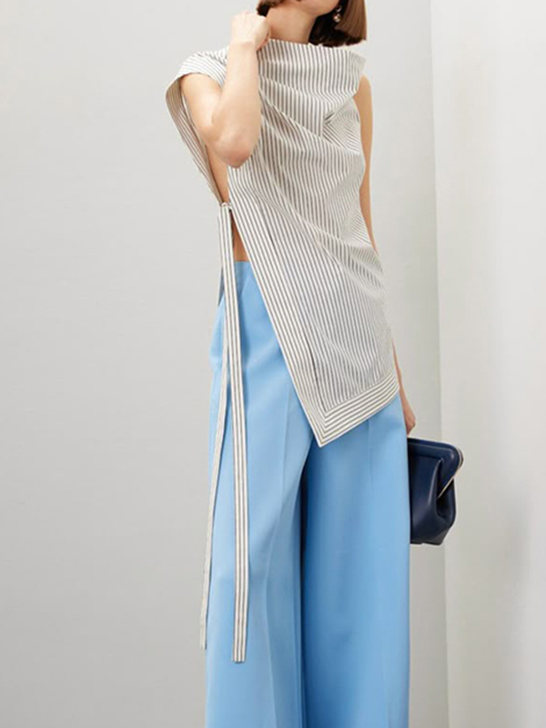 Asymmentrical Hem Striped Side Tie Shirt