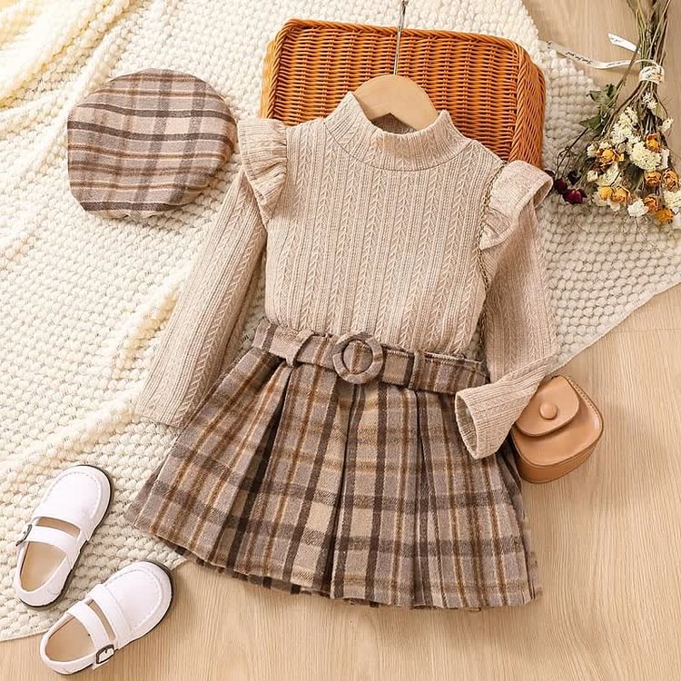 Toddler Girl Shirt Plaid Pleated Skirt with Beret