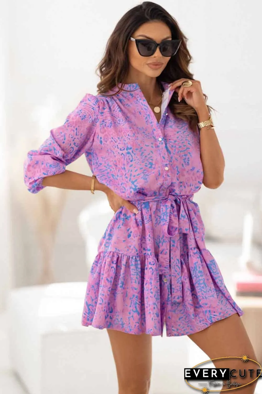 Purple Leopard Print Long Sleeve Shirt Dress