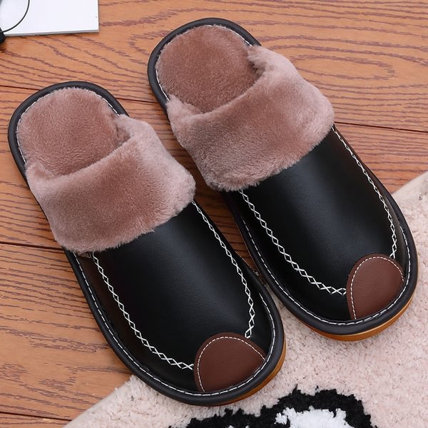 Winter Leather Slippers For Men Plus Size House Slippers Men Fur Slippers Home Non Slip Women Girls Warm Indoor Foam Best Slippers - Shop Trendy Women's Fashion | TeeYours