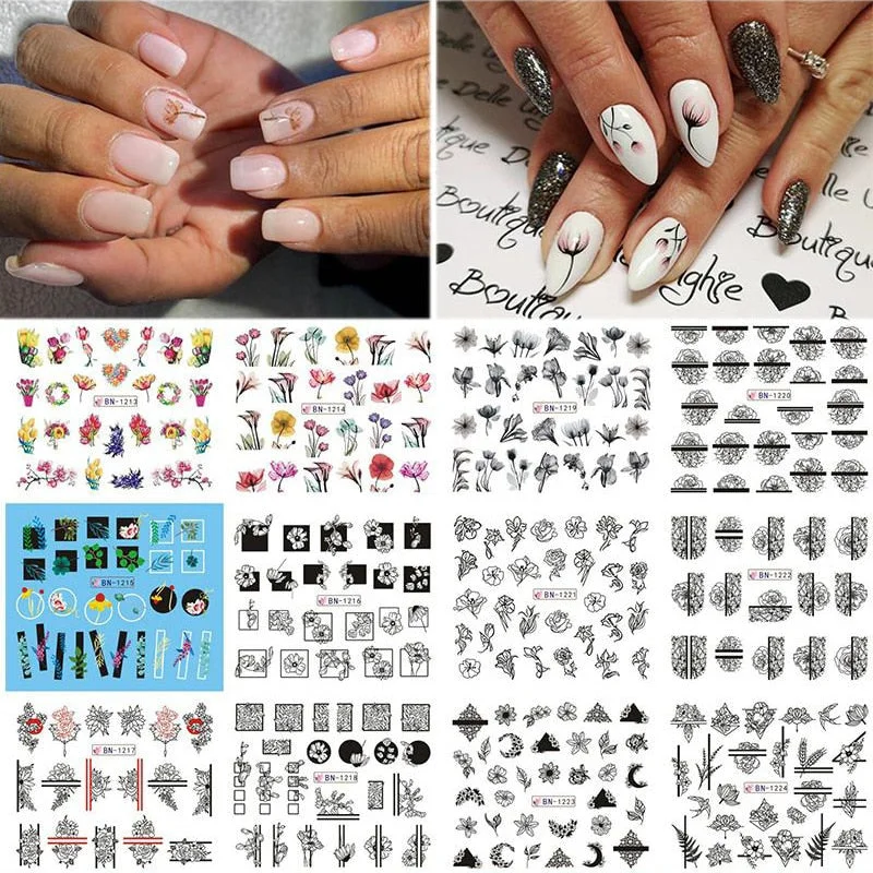 12 Designs Nail Stickers Set Mixed Floral Geometric Nail Art Water Transfer Decals Sliders Flower Leaves Manicures Decoration-Nail Inspo