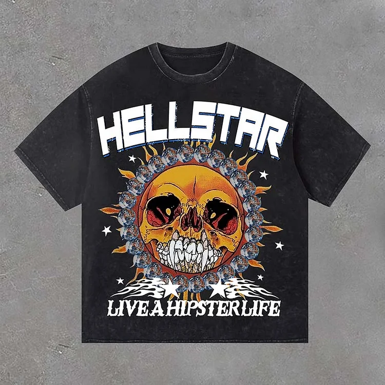 Men's Hellstar Skull Smile Face Earth Print Acid Washed T-Shirt
