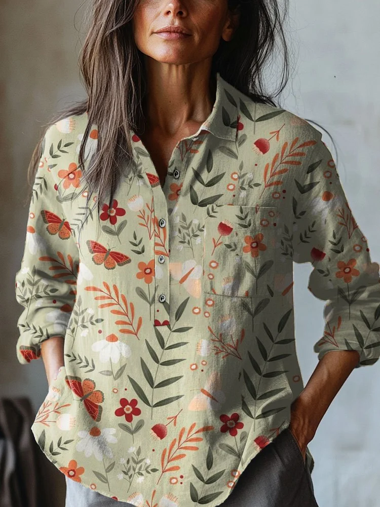 Women's Floral Art  Print Casual Cotton And Linen Shirt