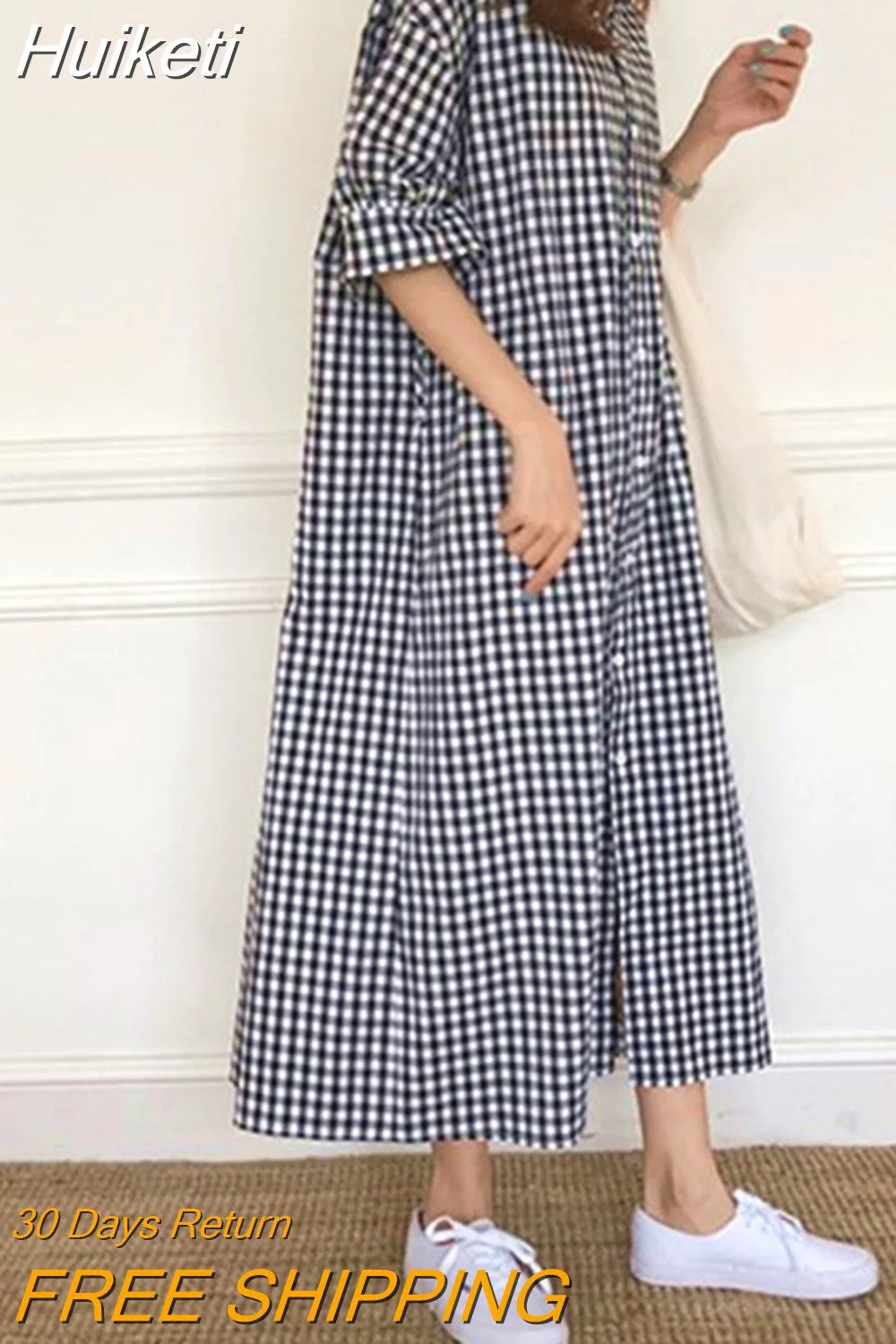 Huiketi Women Summer Sundress Elegant Long Shirt Dress Lapel Neck Short Sleeve Plaid Work Dress Casual Maxi Dress Beach Ropa Mujer