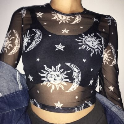 2020 Women Sexy Harajuku Mesh Tops Long Sleeve See Through T Shirt Transparent Sun Moon Star Print T-shirt Femininas Clubwear