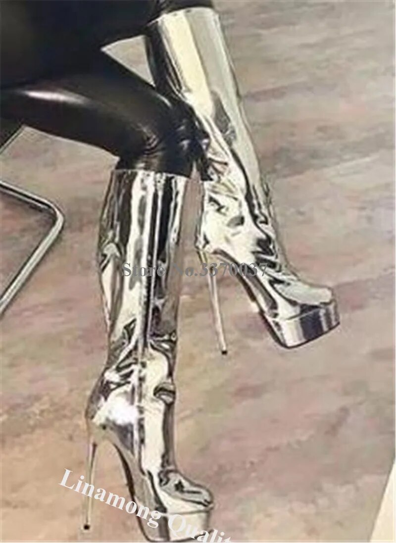 VCSHOES Shining Round Toe High Platform Stiletto Heel Knee Boots Silver Patent Leather Thin Heel Long Boots Club Dress Shoes