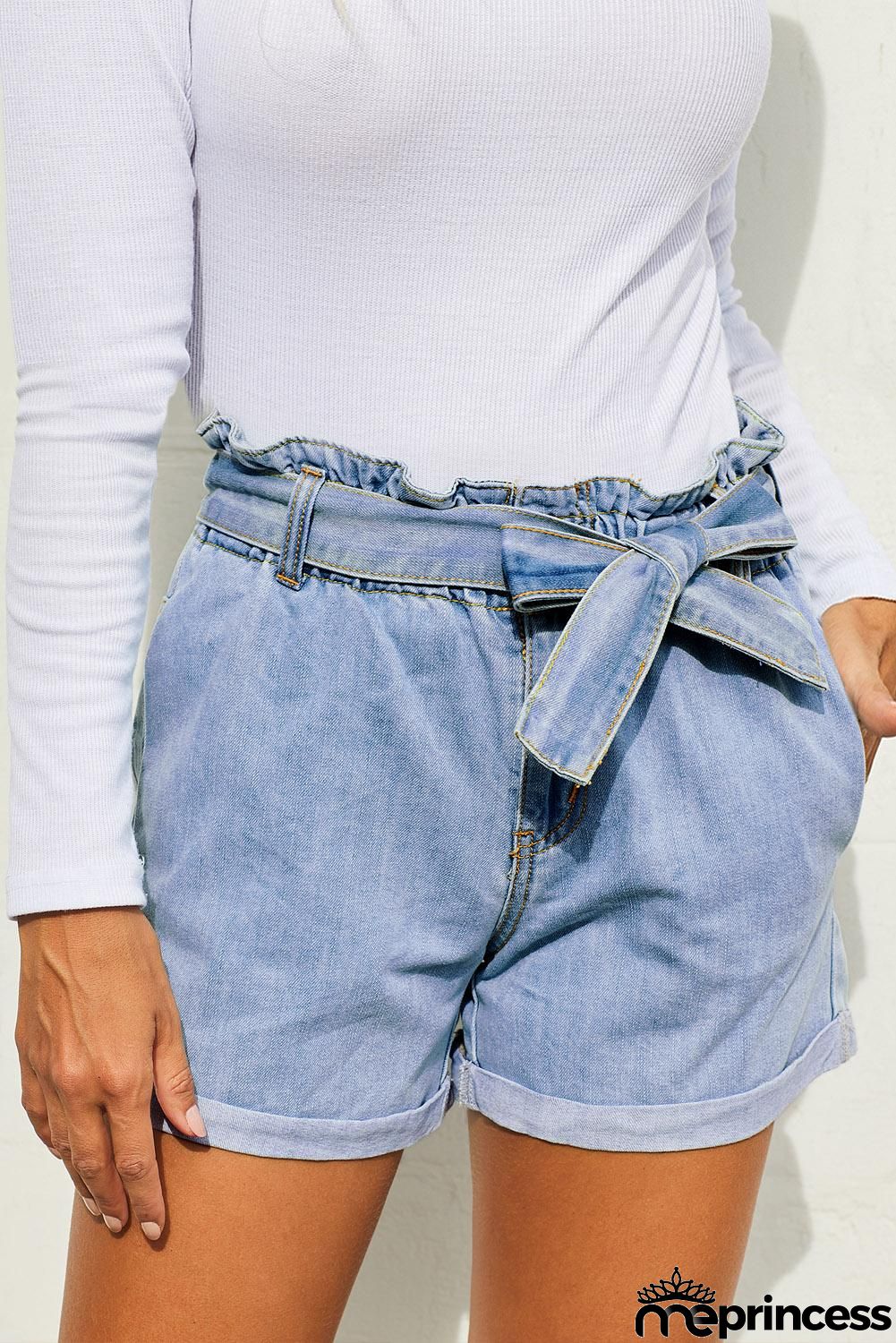 Women Light Blue Roll Hem Paper Bag Waist Denim Shorts