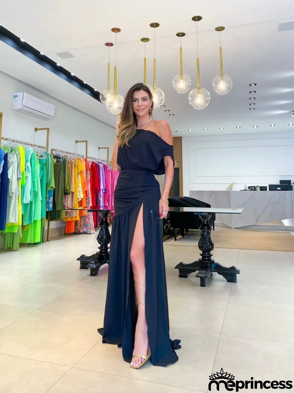 Solid Sexy Slash Shoulder Off-Shoulder Slim Waist Slit Gown Dress
